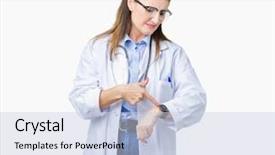  Presentation with upset - Beautiful slide set featuring mature doctor woman wearing medical backdrop and a  colored foreground