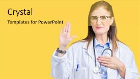  Presentation with medical hand - Beautiful theme featuring mature doctor woman wearing medical backdrop and a yellow colored foreground