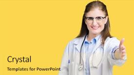  Presentation with medical business - Cool new PPT layouts with mature doctor woman wearing medical backdrop and a yellow colored foreground