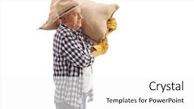  Presentation with shoulder - Slide set consisting of mature farmer holding a burlap background and a white colored foreground