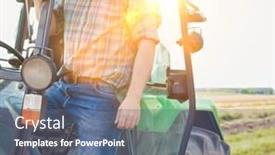  Presentation with flare - Colorful presentation design enhanced with mature farmer standing in tractor with yellow lens flare in background backdrop and a ocean colored foreground