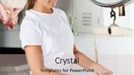  Presentation with butcher - PPT theme enhanced with mature female butcher weighing meat on machine at counter in butchery background and a soft green colored foreground