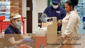  Presentation with food mask - Slide deck with mature-female-cashier-in-protective background and a coral colored foreground