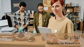  Presentation with female leader - Slide deck enhanced with mature-female-leader-of-volunteering background and a coral colored foreground