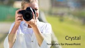  Presentation with female - PPT layouts consisting of mature female photographer taking photos background and a yellow colored foreground