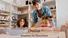  Presentation with pottery - PPT theme featuring mature-female-teacher-assisting-group background and a coral colored foreground