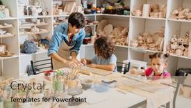  Presentation with pottery - Slide set with mature-female-teacher-making-pottery background and a soft green colored foreground