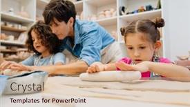  Presentation with pottery - Presentation design with mature-female-teacher-working background and a lemonade colored foreground