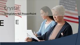  Presentation with decision making - Theme with mature-female-voter-looking-through background and a light gray colored foreground