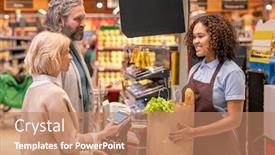  Presentation with products supermarket - PPT theme with mature-female-with-smartphone-paying background and a coral colored foreground