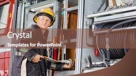  Presentation with fire station - Beautiful PPT layouts featuring mature fireman looking away while fixing hose in truck at fire station backdrop and a tawny brown colored foreground