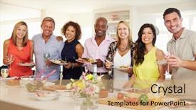  Presentation with dinner party - PPT theme having mature friends enjoying dinner party background and a coral colored foreground