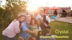  Presentation with campsite - Presentation consisting of mature friends sitting around fire at outdoor campsite taking selfie background and a tawny brown colored foreground