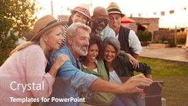  Presentation with campsite - Colorful presentation enhanced with mature friends sitting around fire at outdoor campsite taking selfie backdrop and a red colored foreground