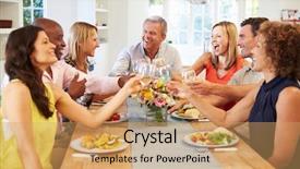  Presentation with dinner party - Slides enhanced with mature friends sitting around table background and a coral colored foreground