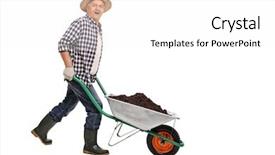  Presentation with dirt - Slides featuring mature gardener pushing a wheelbarrow full of dirt isolated on white background background and a white colored foreground
