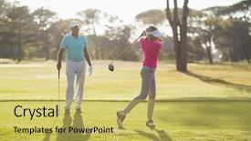  Presentation with golf player playing - Cool new presentation theme with mature golfer playing by man backdrop and a yellow colored foreground