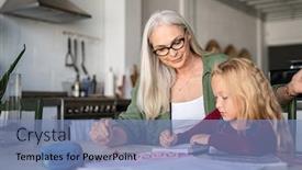  Presentation with grandma - Amazing presentation having mature grandmother helping child with homework at home satisfied old grandma helping her granddaughter studying in living room little girl writing on notebook with senior teacher sitting next to her backdrop and a teal colored foreground