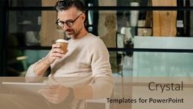  Presentation with grey computer email - PPT theme having mature-grey-man-drinking-coffee background and a coral colored foreground