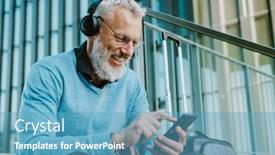  Presentation with listening - Slides with mature-grey-man-listening-music background and a teal colored foreground