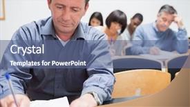  Presentation with focus group hands taking notes - PPT theme enhanced with mature group taking notes in class in college background and a ocean colored foreground