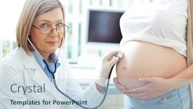  Presentation with gynecologist - PPT layouts consisting of mature-gynecologist-looking-at-camera background and a sky blue colored foreground