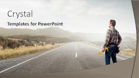  Presentation with builder - Cool new slides with mature handsome builder in yellow uniform isolated over white background backdrop and a white colored foreground