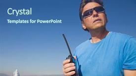  Presentation with walk - Presentation design featuring saint tropez - mature handsome man with walk background and a ocean colored foreground