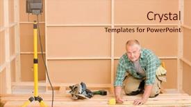  Presentation with improvement - Theme with mature handyman home improvement installing wooden floor in new house background and a coral colored foreground