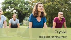  Presentation with healthy people - Amazing PPT layouts having mature healthy people doing yoga backdrop and a mint green colored foreground