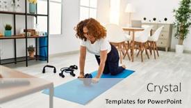  Presentation with living room - Slide set having mature-hispanic-woman-doing-exercise background and a light gray colored foreground