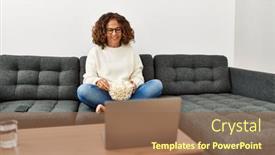  Presentation with popcorn - Slides enhanced with mature-hispanic-woman-eating-popcorn background and a  colored foreground