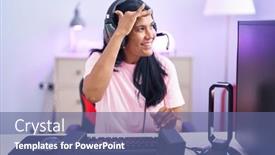  Presentation with video games playing - Slide set featuring mature-hispanic-woman-playing-video background and a  colored foreground