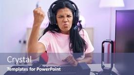  Presentation with video games playing - Slide deck featuring mature-hispanic-woman-playing-video background and a  colored foreground