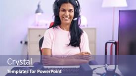  Presentation with video games playing - Slide set consisting of mature-hispanic-woman-playing-video background and a ocean colored foreground