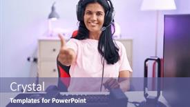  Presentation with video games playing - Presentation featuring mature-hispanic-woman-playing-video background and a  colored foreground