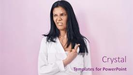  Presentation with forefinger - PPT theme having mature-hispanic-woman-standing-over background and a lemonade colored foreground