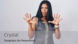  Presentation with panic - Slides with mature-hispanic-woman-standing-over background and a light gray colored foreground