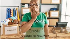  Presentation with volunteer - PPT theme featuring mature-hispanic-woman-wearing-volunteer background and a  colored foreground