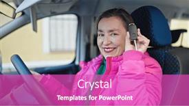  Presentation with car key - Presentation theme having mature-hispanic-woman-with-grey background and a purple colored foreground