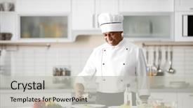  Presentation with cooking chef - Slide set featuring mature indian chef cooking in kitchen background and a light gray colored foreground