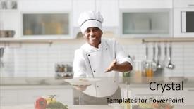  Presentation with indian restaurant - PPT theme featuring mature indian chef cooking background and a mint green colored foreground