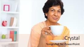  Presentation with indian tea - Beautiful presentation theme featuring mature indian woman drinking coffee backdrop and a coral colored foreground