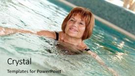  Presentation with competive swimming - Presentation theme enhanced with mature lady swimming at swimming background and a soft green colored foreground