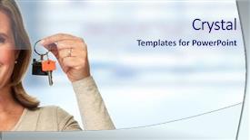  Presentation with house key - Colorful slides enhanced with mature lady with a house backdrop and a sky blue colored foreground