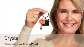  Presentation with house key - Audience pleasing presentation theme consisting of mature lady with a house backdrop and a coral colored foreground