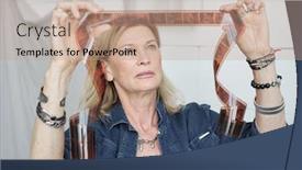  Presentation with film - Amazing PPT layouts having mature-lady-with-bracelets-watching backdrop and a coral colored foreground