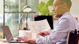  Presentation with building plans - Presentation theme enhanced with mature-male-architect-in-wheelchair background and a yellow colored foreground