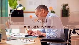  Presentation with building plans - Slide deck consisting of mature-male-architect-in-wheelchair background and a coral colored foreground