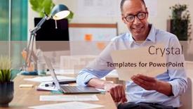  Presentation with building plans - PPT theme with mature-male-architect-working background and a coral colored foreground